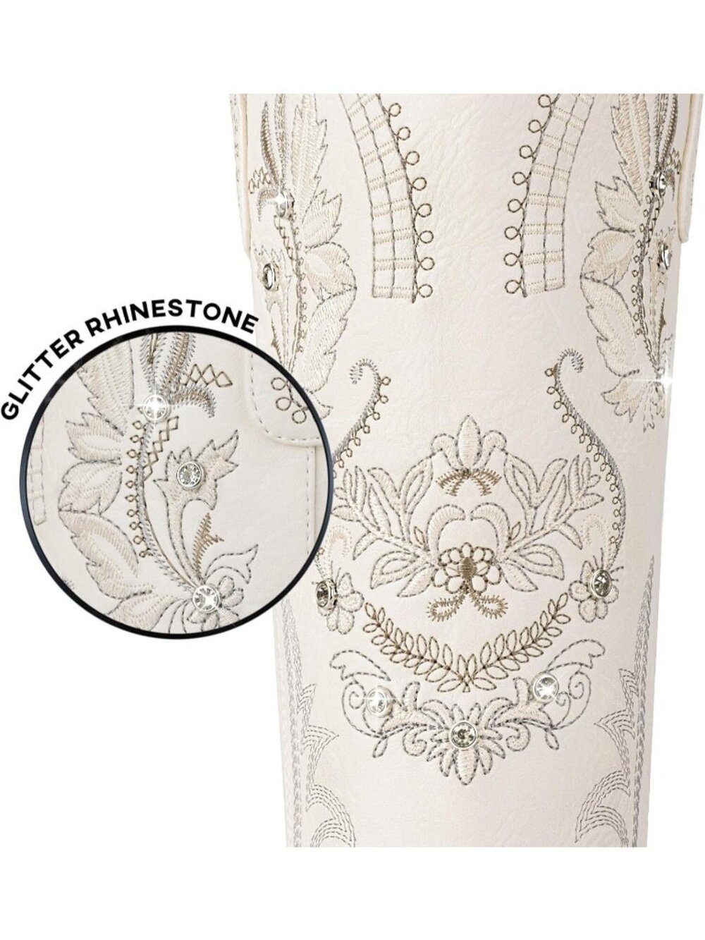 Women's Wide Calf Knee High Sparkly Rhinestone Beige Western Boots Pull On Boots - Picture 2 of 4